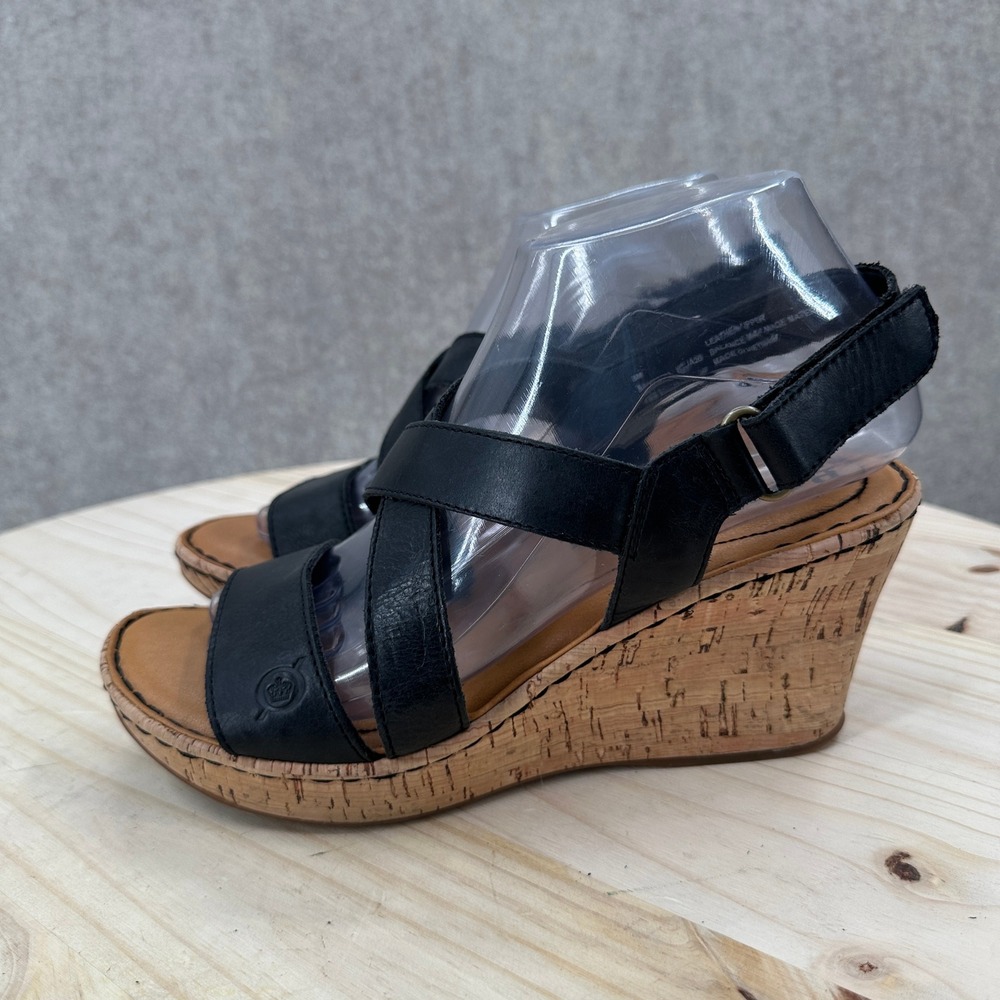 Born B.O.C. Schirra Wedge Sandals Womens 8 Black Faux Leather Strappy Cork Heel